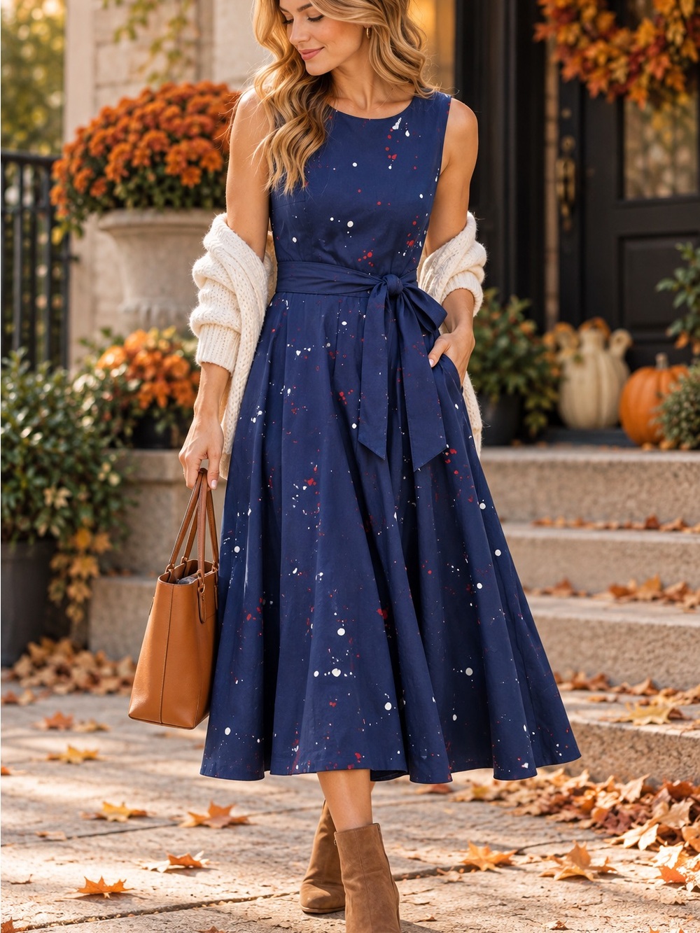 Omeya Wanshida Navy Paint Splatter Cotton Midi Dress Large Sash